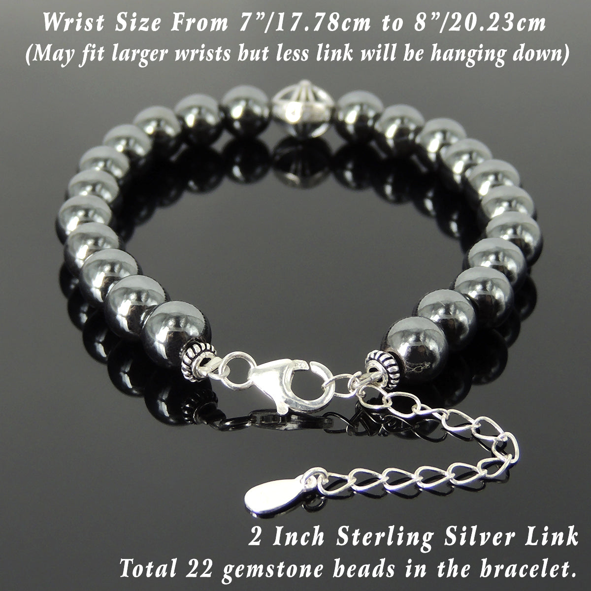 8mm Hematite Stone Bracelet with S925 Sterling Silver Round Celtic Engraved Cross Bead, Chain & Clasp - Handmade by Gem & Silver BR1391