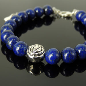 8mm Lapis Lazuli Gemstone Bracelet with S925 Sterling Silver Round Rose Bead, Chain & Clasp - Handmade by Gem & Silver BR1393