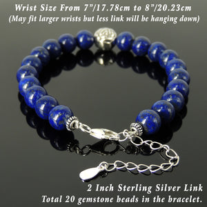8mm Lapis Lazuli Gemstone Bracelet with S925 Sterling Silver Round Rose Bead, Chain & Clasp - Handmade by Gem & Silver BR1393