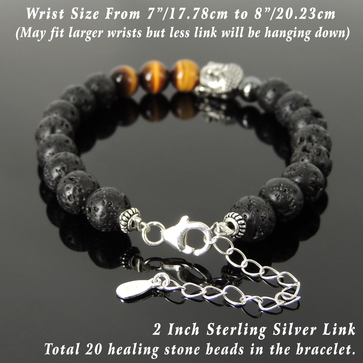 Grade 3A Brown Tiger Eye, Lava Rock, & Hematite Healing Stone Bracelet with S925 Sterling Silver Guanyin Buddha, Chain, & Clasp - Handmade by Gem & Silver BR1394
