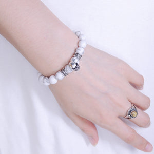 8mm White Howlite Healing Gemstone Bracelet with S925 Sterling Silver Protection Skull, Cross Pattern Spacers, Chain & Clasp - Handmade by Gem & Silver BR1395