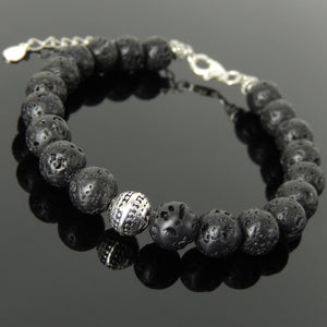 8mm Lava Rock Healing Stone Bracelet with S925 Sterling Silver Round Decorative Energy Bead, Chain & Clasp - Handmade by Gem & Silver BR1396