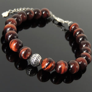 8mm Red Tiger Eye Healing Gemstone Bracelet with S925 Sterling Silver Round Decorative Energy Bead, Chain & Clasp - Handmade by Gem & Silver BR1397