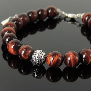 8mm Red Tiger Eye Healing Gemstone Bracelet with S925 Sterling Silver Round Decorative Energy Bead, Chain & Clasp - Handmade by Gem & Silver BR1397
