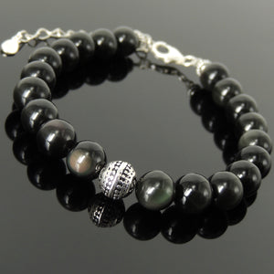 8mm Rainbow Black Obsidian Healing Gemstone Bracelet with S925 Sterling Silver Round Decorative Energy Bead, Chain & Clasp - Handmade by Gem & Silver BR1398
