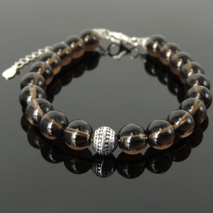 8mm Smoky Quartz Healing Gemstone Bracelet with S925 Sterling Silver Round Decorative Energy Bead, Chain & Clasp - Handmade by Gem & Silver BR1399