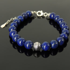8mm Lapis Lazuli Healing Gemstone Bracelet with S925 Sterling Silver Round Decorative Energy Bead, Chain & Clasp - Handmade by Gem & Silver BR1400
