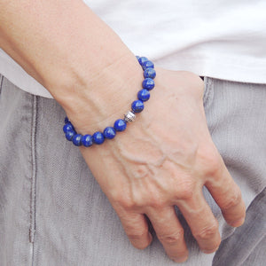 8mm Lapis Lazuli Healing Gemstone Bracelet with S925 Sterling Silver Round Decorative Energy Bead, Chain & Clasp - Handmade by Gem & Silver BR1400