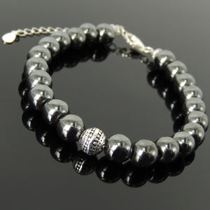 8mm Hematite Oxide Healing Protection Gemstone Bracelet with S925 Sterling Silver Round Decorative Energy Bead, Chain & Clasp - Handmade by Gem & Silver BR1401