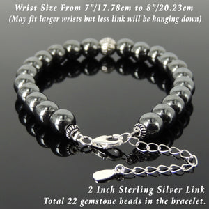8mm Hematite Oxide Healing Protection Gemstone Bracelet with S925 Sterling Silver Round Decorative Energy Bead, Chain & Clasp - Handmade by Gem & Silver BR1401