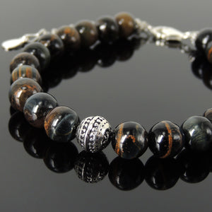 8mm Rare Mixed Blue Tiger Eye Healing Gemstone Bracelet with S925 Sterling Silver Round Decorative Energy Bead, Chain & Clasp - Handmade by Gem & Silver BR1402