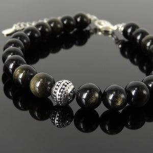 8mm Golden Obsidian Healing Gemstone Bracelet with S925 Sterling Silver Round Decorative Energy Bead, Chain & Clasp - Handmade by Gem & Silver BR1403