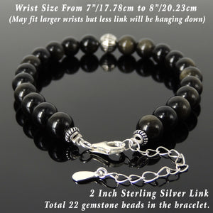 8mm Golden Obsidian Healing Gemstone Bracelet with S925 Sterling Silver Round Decorative Energy Bead, Chain & Clasp - Handmade by Gem & Silver BR1403