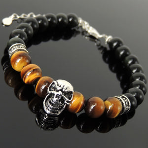 8mm Grade AAA Brown Tiger Eye & Rainbow Black Obsidian Healing Gemstone Bracelet with S925 Sterling Silver Protection Skull, Cross Pattern Spacers, Chain & Clasp - Handmade by Gem & Silver BR1405