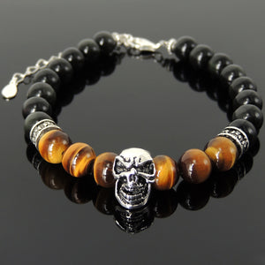 8mm Grade AAA Brown Tiger Eye & Rainbow Black Obsidian Healing Gemstone Bracelet with S925 Sterling Silver Protection Skull, Cross Pattern Spacers, Chain & Clasp - Handmade by Gem & Silver BR1405