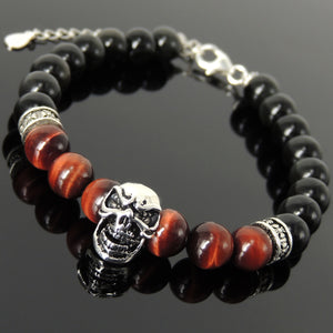8mm Red Tiger Eye & Rainbow Black Obsidian Healing Gemstone Bracelet with S925 Sterling Silver Protection Skull, Cross Pattern Spacers, Chain & Clasp - Handmade by Gem & Silver BR1406