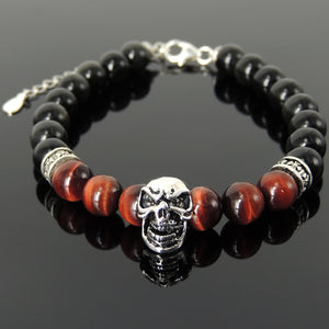 8mm Red Tiger Eye & Rainbow Black Obsidian Healing Gemstone Bracelet with S925 Sterling Silver Protection Skull, Cross Pattern Spacers, Chain & Clasp - Handmade by Gem & Silver BR1406