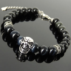 8mm Blue Tiger Eye & Rainbow Black Obsidian Healing Gemstone Bracelet with S925 Sterling Silver Protection Skull, Cross Pattern Spacers, Chain & Clasp - Handmade by Gem & Silver BR1407
