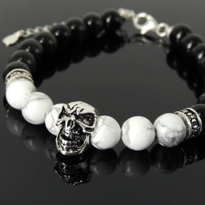 8mm White Howlite & Rainbow Black Obsidian Healing Gemstone Bracelet with S925 Sterling Silver Protection Skull, Cross Pattern Spacers, Chain & Clasp - Handmade by Gem & Silver BR1408