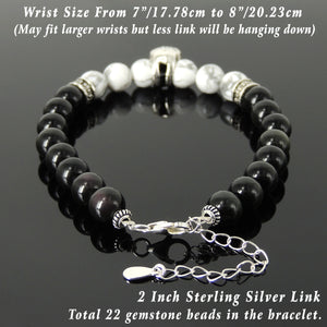 8mm White Howlite & Rainbow Black Obsidian Healing Gemstone Bracelet with S925 Sterling Silver Protection Skull, Cross Pattern Spacers, Chain & Clasp - Handmade by Gem & Silver BR1408
