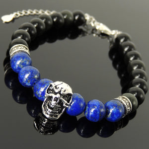 8mm Lapis Lazuli & Rainbow Black Obsidian Healing Gemstone Bracelet with S925 Sterling Silver Protection Skull, Cross Pattern Spacers, Chain & Clasp - Handmade by Gem & Silver BR1409