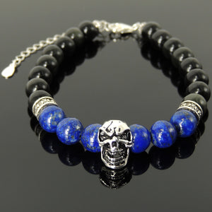 8mm Lapis Lazuli & Rainbow Black Obsidian Healing Gemstone Bracelet with S925 Sterling Silver Protection Skull, Cross Pattern Spacers, Chain & Clasp - Handmade by Gem & Silver BR1409