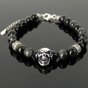 8mm Rainbow Black Obsidian Healing Gemstone Bracelet with S925 Sterling Silver Protection Skull, Cross Pattern Spacers, Chain & Clasp - Handmade by Gem & Silver BR1410