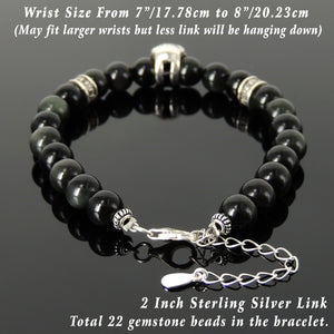 8mm Rainbow Black Obsidian Healing Gemstone Bracelet with S925 Sterling Silver Protection Skull, Cross Pattern Spacers, Chain & Clasp - Handmade by Gem & Silver BR1410