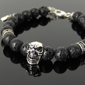 8mm Lava Rock Healing Stone Bracelet with S925 Sterling Silver Protection Skull, Cross Pattern Spacers, Chain & Clasp - Handmade by Gem & Silver BR1411