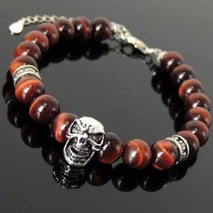8mm Red Tiger Eye Healing Gemstone Bracelet with S925 Sterling Silver Protection Skull, Cross Pattern Spacers, Chain & Clasp - Handmade by Gem & Silver BR1412
