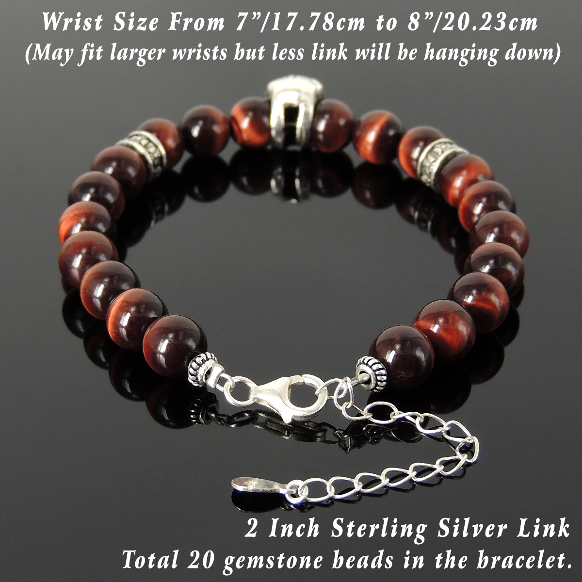 8mm Red Tiger Eye Healing Gemstone Bracelet with S925 Sterling Silver Protection Skull, Cross Pattern Spacers, Chain & Clasp - Handmade by Gem & Silver BR1412