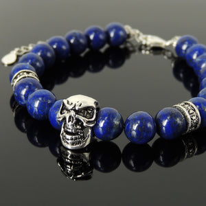 8mm Lapis Lazuli Healing Gemstone Bracelet with S925 Sterling Silver Protection Skull, Cross Pattern Spacers, Chain & Clasp - Handmade by Gem & Silver BR1413