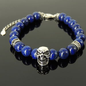 8mm Lapis Lazuli Healing Gemstone Bracelet with S925 Sterling Silver Protection Skull, Cross Pattern Spacers, Chain & Clasp - Handmade by Gem & Silver BR1413