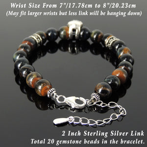 8mm Rare Mixed Blue Tiger Eye Healing Gemstone Bracelet with S925 Sterling Silver Protection Skull, Cross Pattern Spacers, Chain & Clasp - Handmade by Gem & Silver BR1414