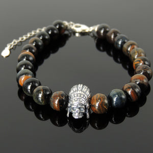 8mm Rare Mixed Blue Tiger Eye Healing Gemstone Bracelet with S925 Sterling Silver Feather Headdress Skull Charm, Chain & Clasp - Handmade by Gem & Silver BR1417