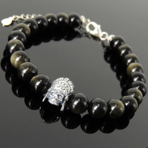 8mm Golden Obsidian Healing Gemstone Bracelet with S925 Sterling Silver Feather Headdress Skull Charm, Chain & Clasp - Handmade by Gem & Silver BR1418