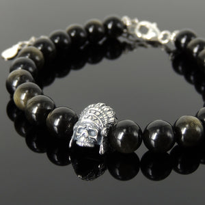 8mm Golden Obsidian Healing Gemstone Bracelet with S925 Sterling Silver Feather Headdress Skull Charm, Chain & Clasp - Handmade by Gem & Silver BR1418