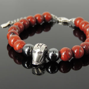 8mm Red Jasper & Hematite Oxide Healing Protection Stone Bracelet with S925 Sterling Silver Iron Man Fighter Charm, Chain & Clasp - Handmade by Gem & Silver BR1421