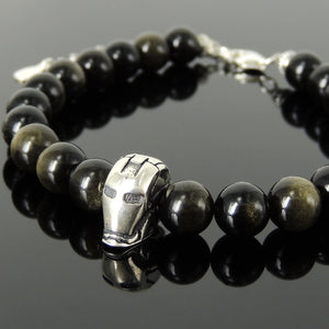 8mm Golden Obsidian Healing Protection Gemstone Bracelet with S925 Sterling Silver Iron Man Fighter Charm, Chain & Clasp - Handmade by Gem & Silver BR1422