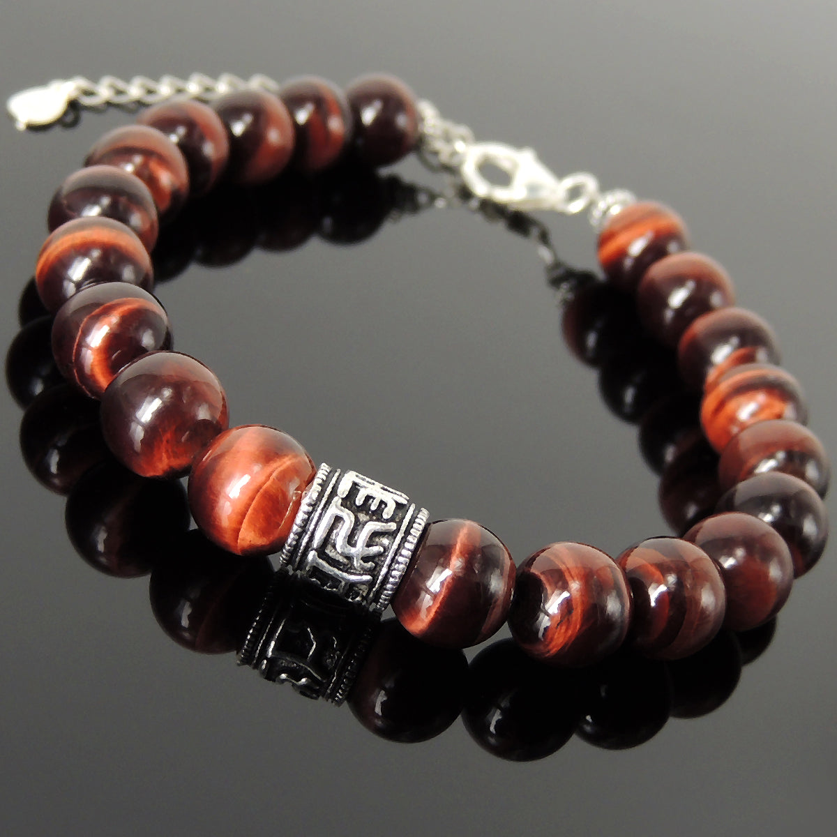 8mm Red Tiger Eye Healing Gemstone Bracelet with S925 Sterling Silver Spiritual Anchor Mantra Charm, Chain & Clasp - Handmade by Gem & Silver BR1424