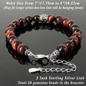 8mm Red Tiger Eye Healing Gemstone Bracelet with S925 Sterling Silver Spiritual Anchor Mantra Charm, Chain & Clasp - Handmade by Gem & Silver BR1424