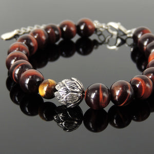 Red and Brown Tiger Eye Healing Gemstone Bracelet with S925 Sterling Silver Lotus Flower Yoga Bead, Chain & Clasp - Handmade by Gem & Silver BR1425