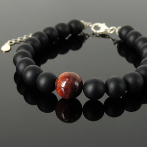 Red Tiger Eye & Matte Black Onyx Healing Gemstone Bracelet with S925 Sterling Silver Chain & Clasp - Handmade by Gem & Silver BR1426