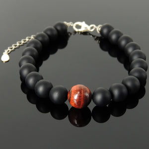 Red Tiger Eye & Matte Black Onyx Healing Gemstone Bracelet with S925 Sterling Silver Chain & Clasp - Handmade by Gem & Silver BR1426