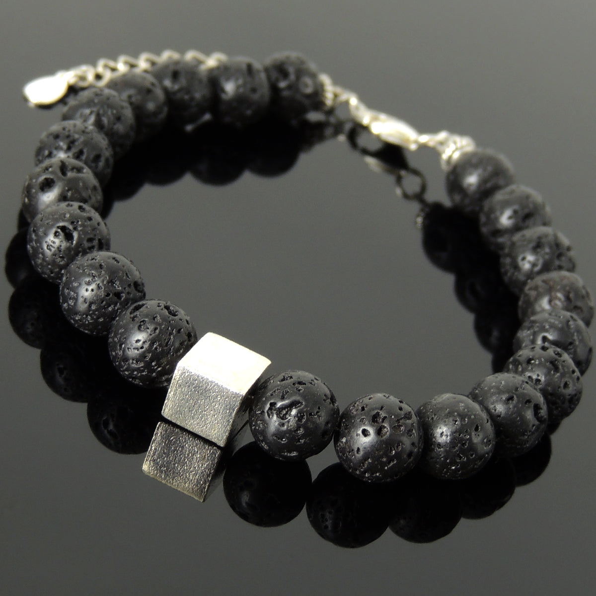 8mm Lava Rock Healing Stone Bracelet with Stability Geometric Balance Cube S925 Sterling Silver Chain & Clasp - Handmade by Gem & Silver BR1427