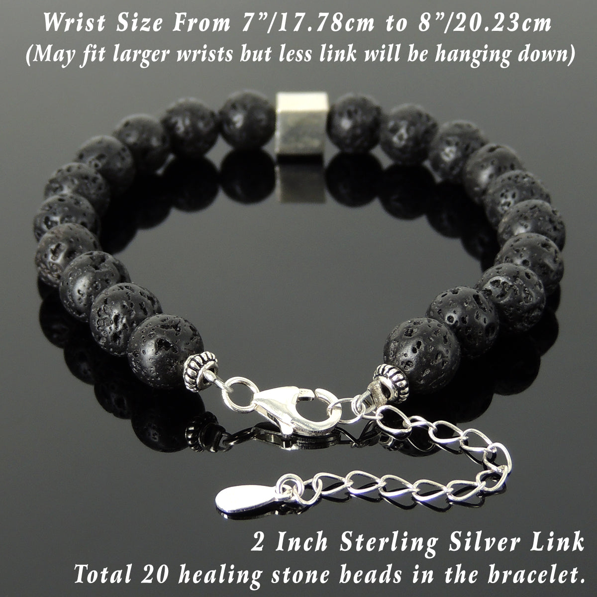 8mm Lava Rock Healing Stone Bracelet with Stability Geometric Balance Cube S925 Sterling Silver Chain & Clasp - Handmade by Gem & Silver BR1427