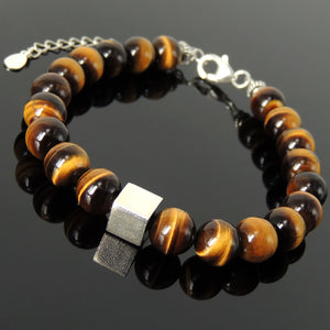 8mm Grade AAA Brown Tiger Eye Healing Gemstone Bracelet with Stability Geometric Balance Cube S925 Sterling Silver Chain & Clasp - Handmade by Gem & Silver BR1428