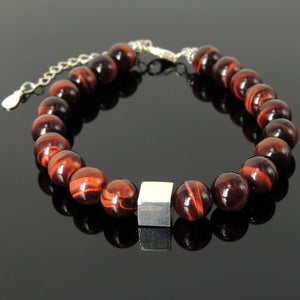 8mm Red Tiger Eye Healing Gemstone Bracelet with Minimal Geometric Balance Cube S925 Sterling Silver Chain & Clasp - Handmade by Gem & Silver BR1429