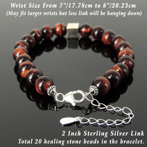 8mm Red Tiger Eye Healing Gemstone Bracelet with Minimal Geometric Balance Cube S925 Sterling Silver Chain & Clasp - Handmade by Gem & Silver BR1429