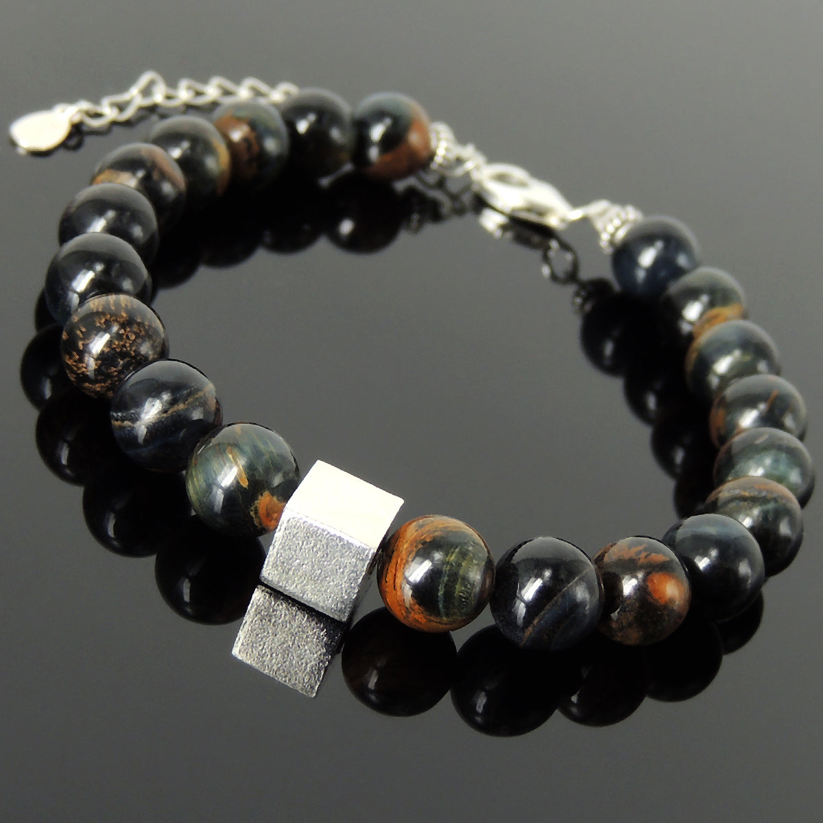 8mm Rare Mixed Blue Tiger Eye Healing Gemstone Bracelet with Minimal Geometric Balance Cube S925 Sterling Silver Chain & Clasp - Handmade by Gem & Silver BR1430